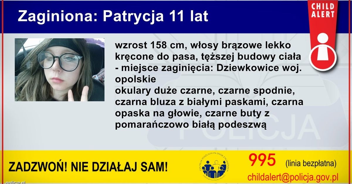 Zaginęła 11-letnia Patrycja Głowania. Policja uruchomiła system Child Alert